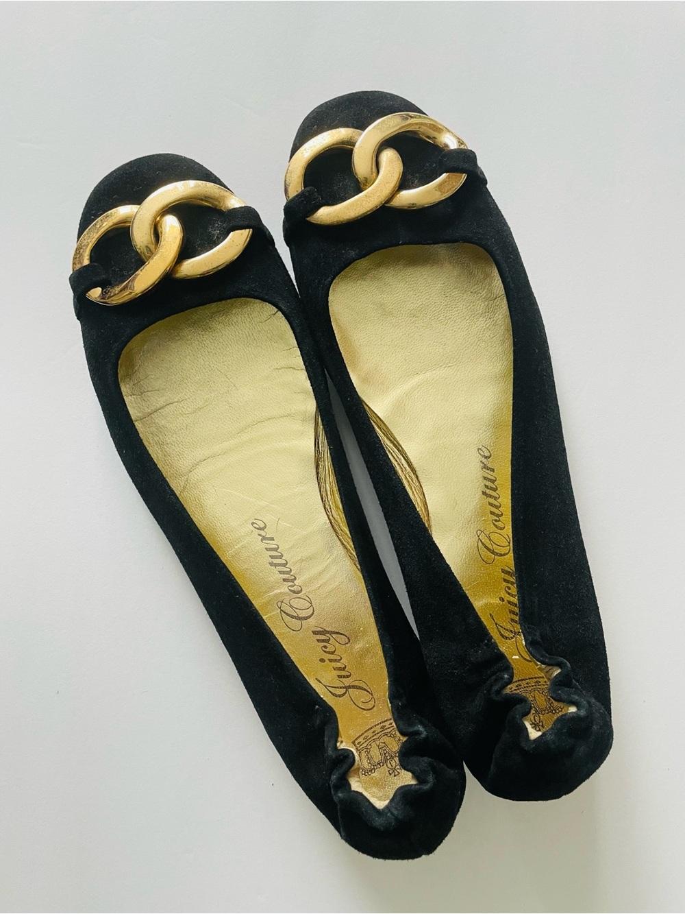 Juicy Couture Black Suede Ballet Flats with Gold Chain Hardware